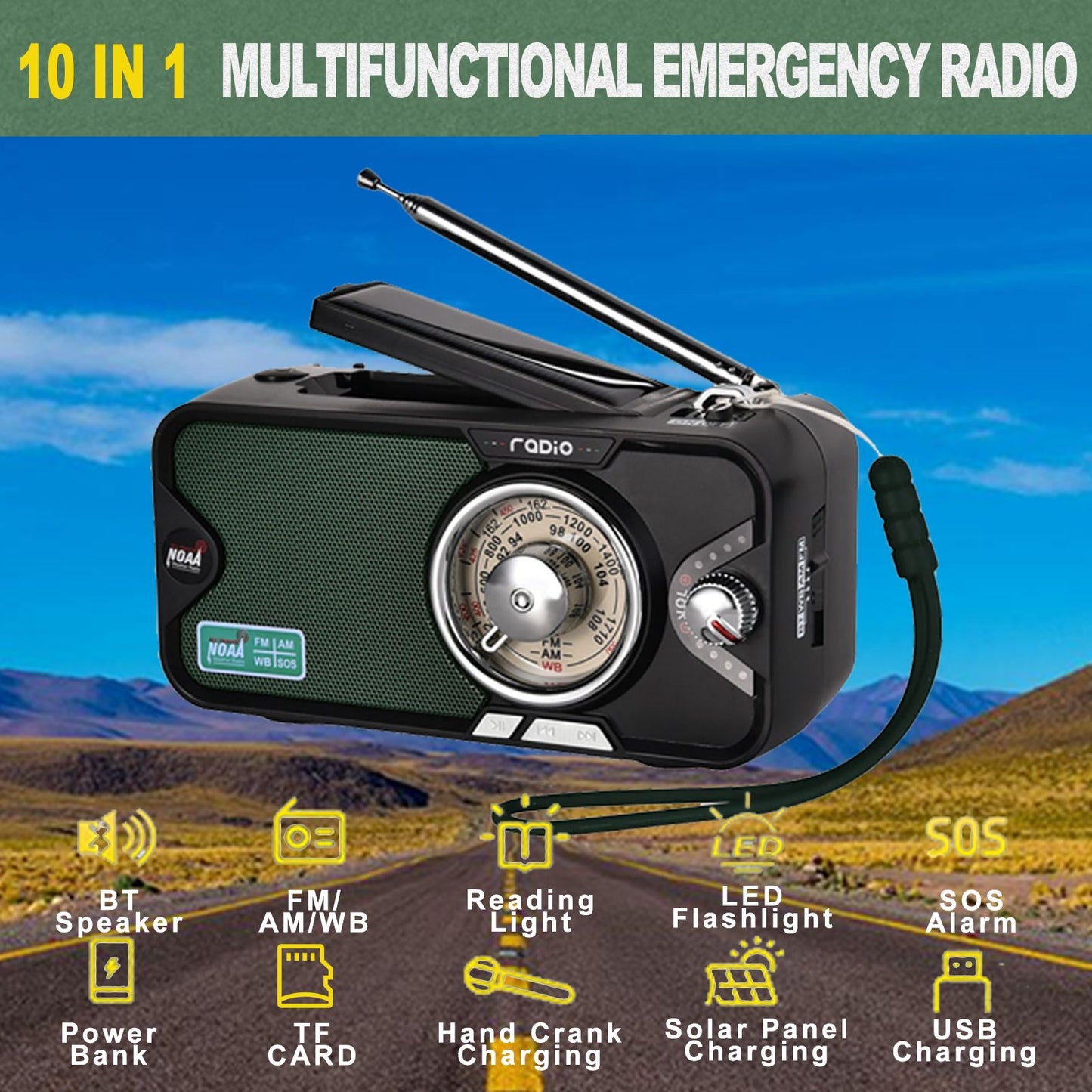 3600mAh Emergency Radio | NOAA, AM/FM, Bluetooth, Solar/USB Charging