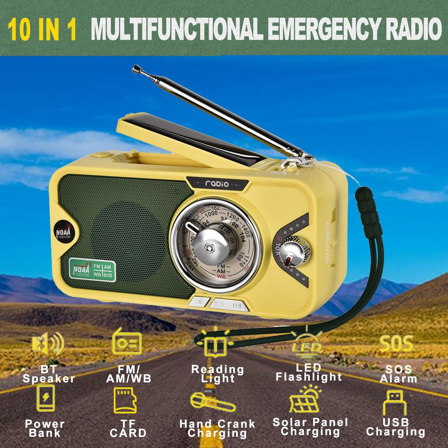 3600mAh Emergency Radio | NOAA, AM/FM, Bluetooth, Solar/USB Charging