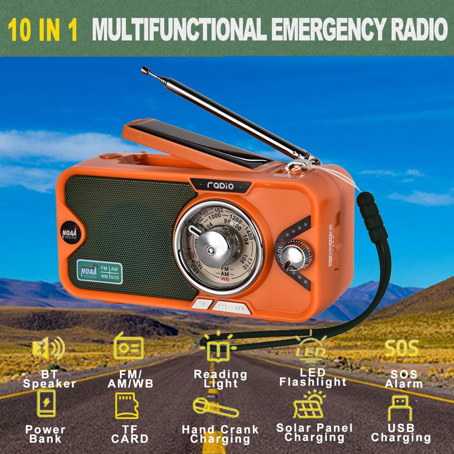 3600mAh Emergency Radio | NOAA, AM/FM, Bluetooth, Solar/USB Charging